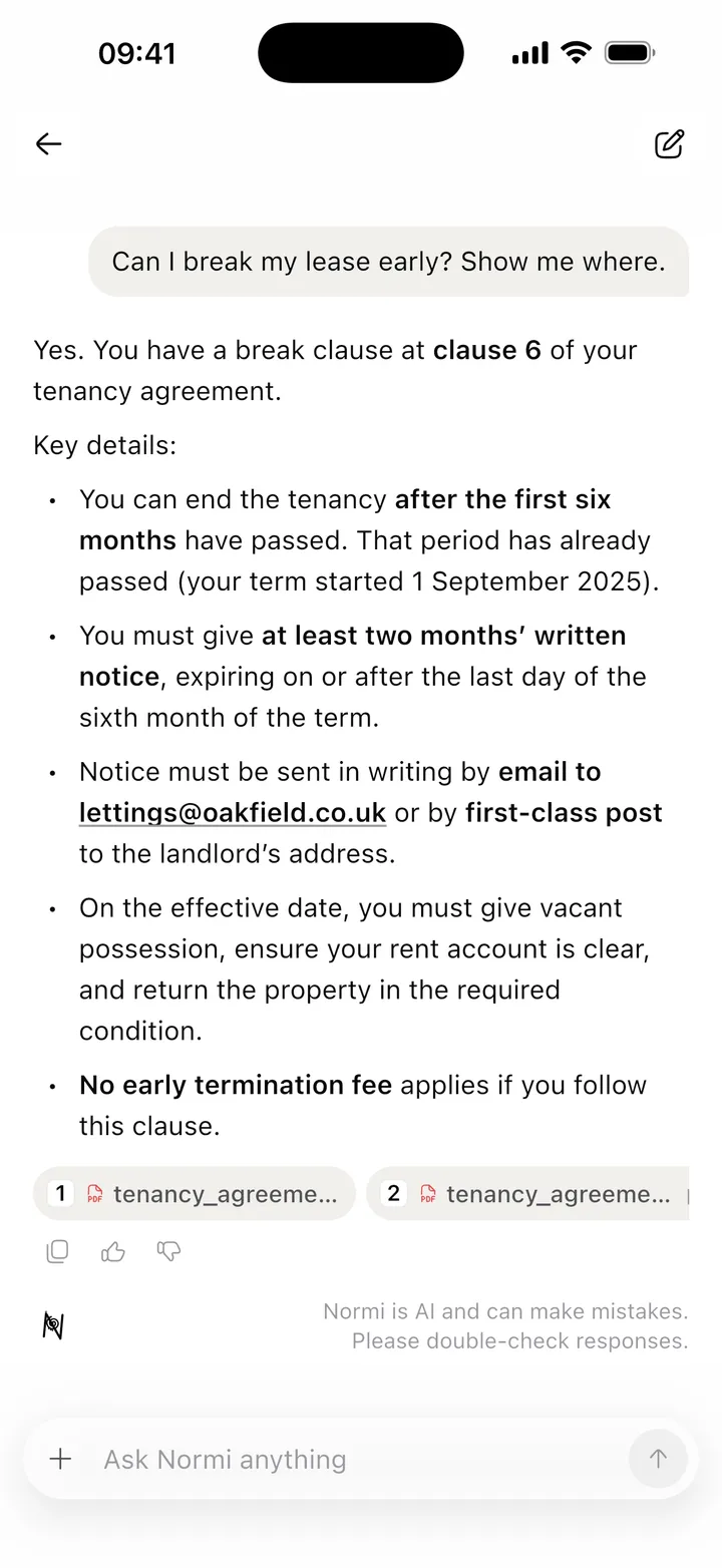 Normi answering a tenancy question with the source document pinned below the answer