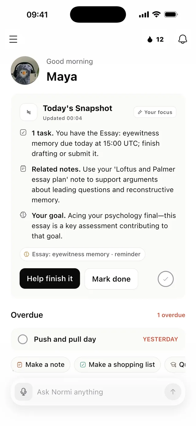 Normi's home screen showing Today's Snapshot with a focused task suggestion
